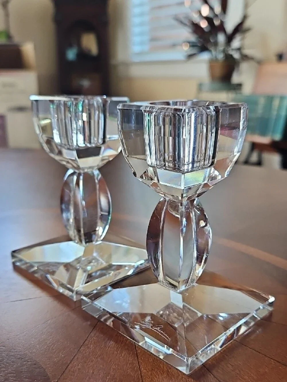 Oleg Cassini Signed Crystal Candlestick Holders Taper Candle Modern Set of 2